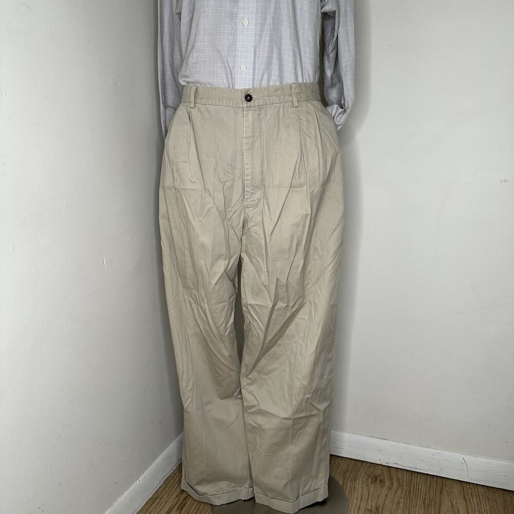 Haggar Mens 37x29 Khaki Pants Beige Straight Pleated Work Trousers